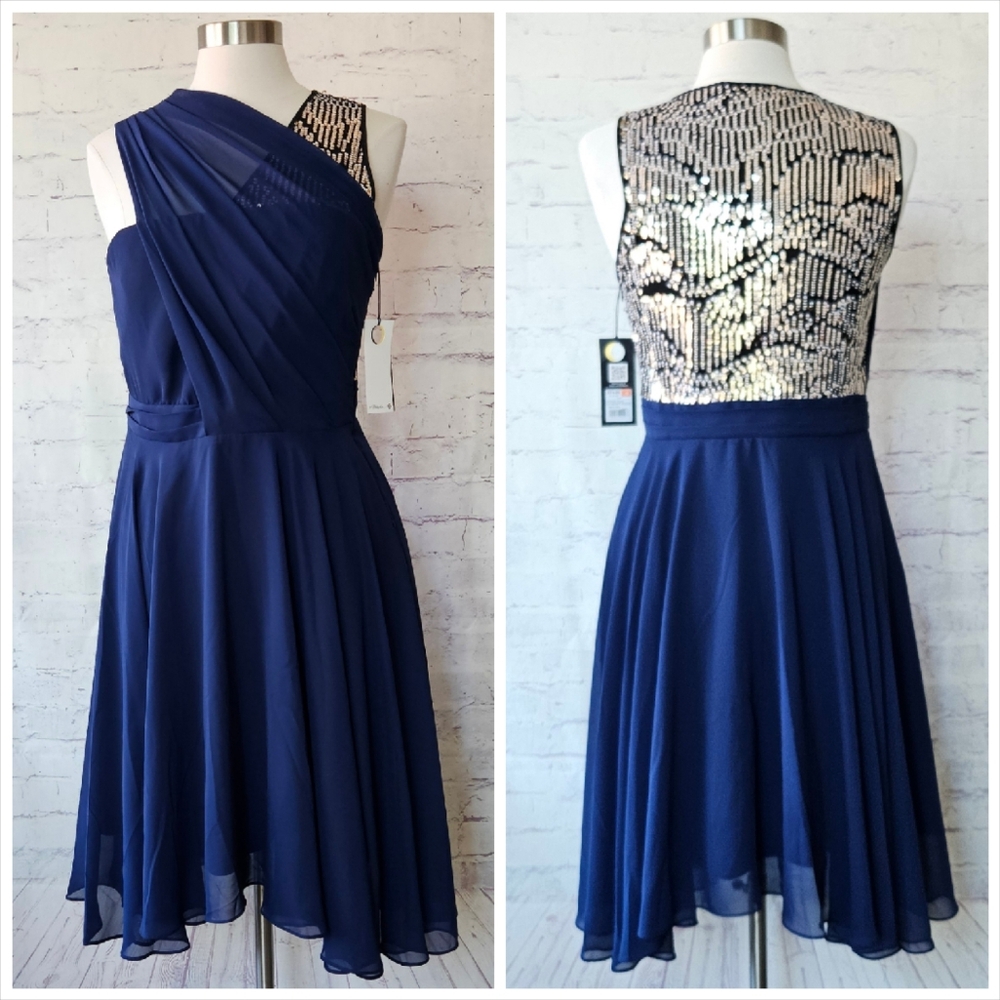 NWT 3.1 Phillip Lim X Target Navy Gold Sequin Chiffon One Shoulder Dress 10